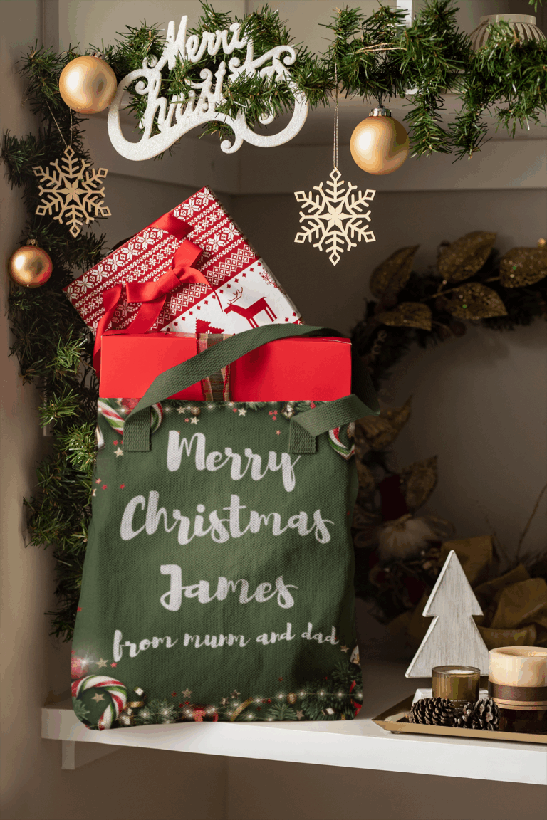 mockup featuring a tote bag placed on a shelf near some christmas decorations 30366